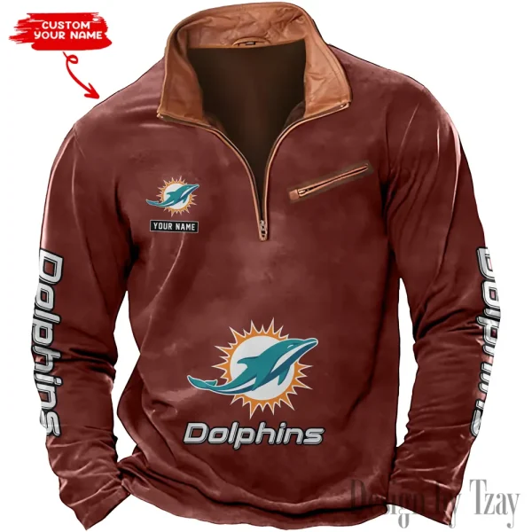 Miami Dolphins New Polo Outdoor Casual Daily Streetwear Long Sleeve Turndown Zip SPTZSW052 - Image 6