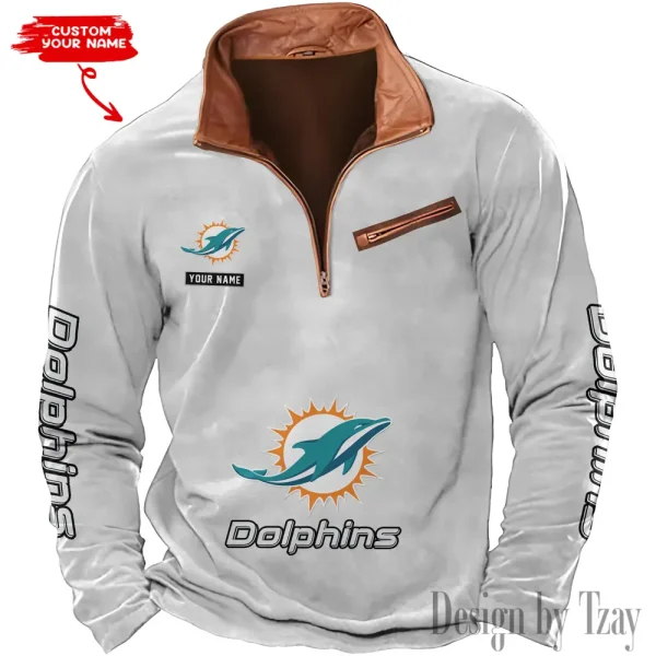 Miami Dolphins New Polo Outdoor Casual Daily Streetwear Long Sleeve Turndown Zip SPTZSW052 - Image 7
