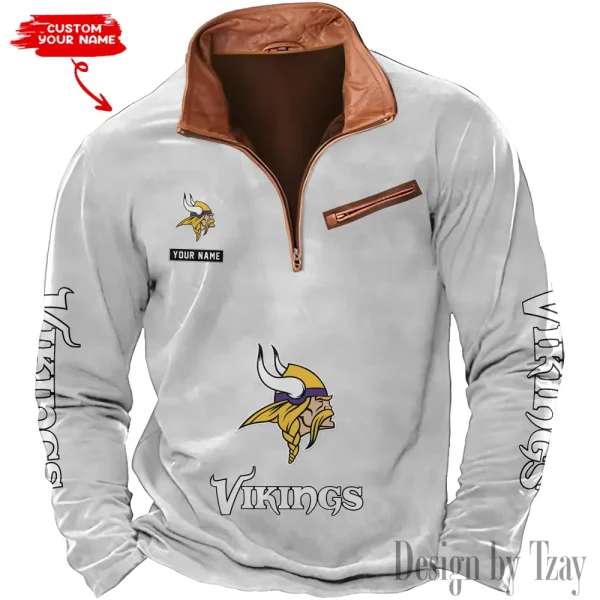 Minnesota Vikings New Polo Outdoor Casual Daily Streetwear Long Sleeve Turndown Zip SPTZSW053 - Image 2