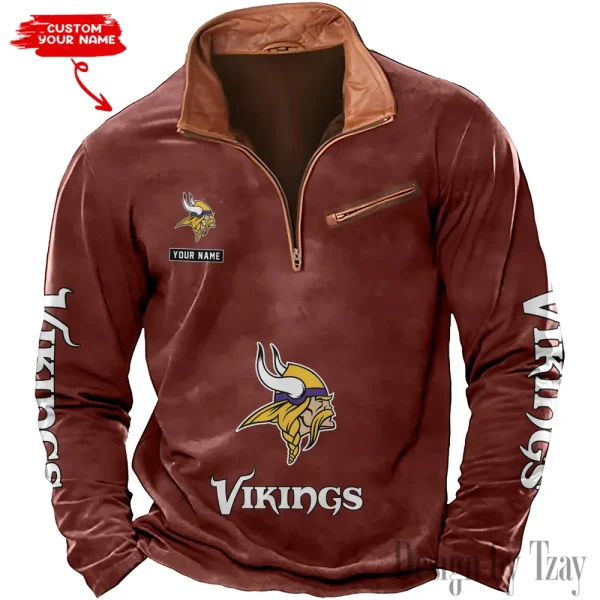 Minnesota Vikings New Polo Outdoor Casual Daily Streetwear Long Sleeve Turndown Zip SPTZSW053 - Image 3