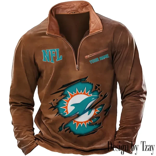 Miami Dolphins New Polo Outdoor Casual Daily Streetwear Long Sleeve Turndown Zip SPTZSW020 - Image 2
