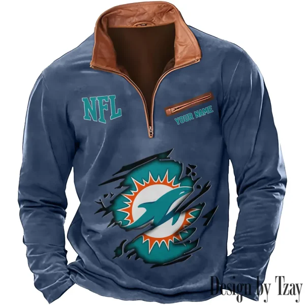 Miami Dolphins New Polo Outdoor Casual Daily Streetwear Long Sleeve Turndown Zip SPTZSW020