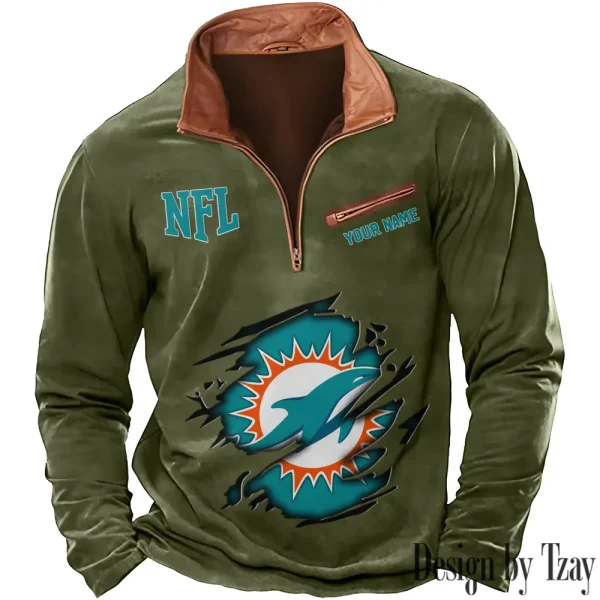 Miami Dolphins New Polo Outdoor Casual Daily Streetwear Long Sleeve Turndown Zip SPTZSW020 - Image 6