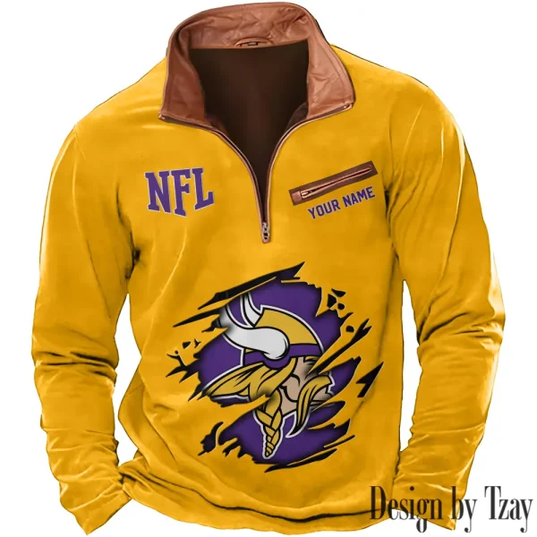 Minnesota Vikings New Polo Outdoor Casual Daily Streetwear Long Sleeve Turndown Zip SPTZSW021 - Image 3