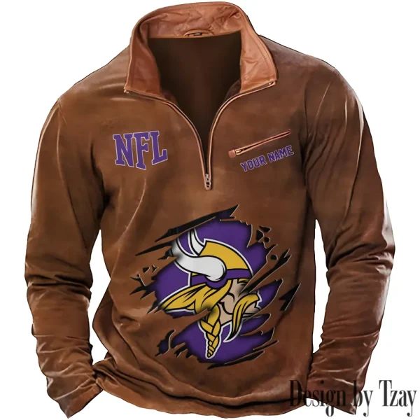 Minnesota Vikings New Polo Outdoor Casual Daily Streetwear Long Sleeve Turndown Zip SPTZSW021 - Image 4