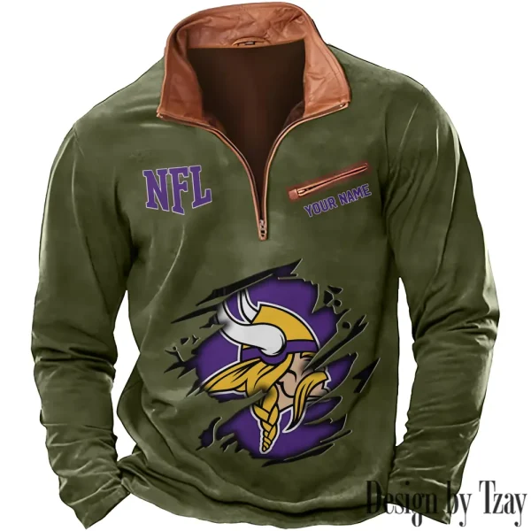 Minnesota Vikings New Polo Outdoor Casual Daily Streetwear Long Sleeve Turndown Zip SPTZSW021 - Image 5