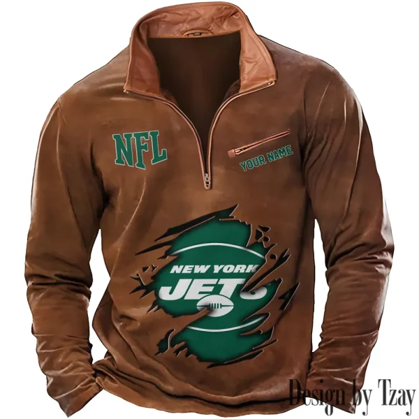 New York Jets New Polo Outdoor Casual Daily Streetwear Long Sleeve Turndown Zip SPTZSW025 - Image 2