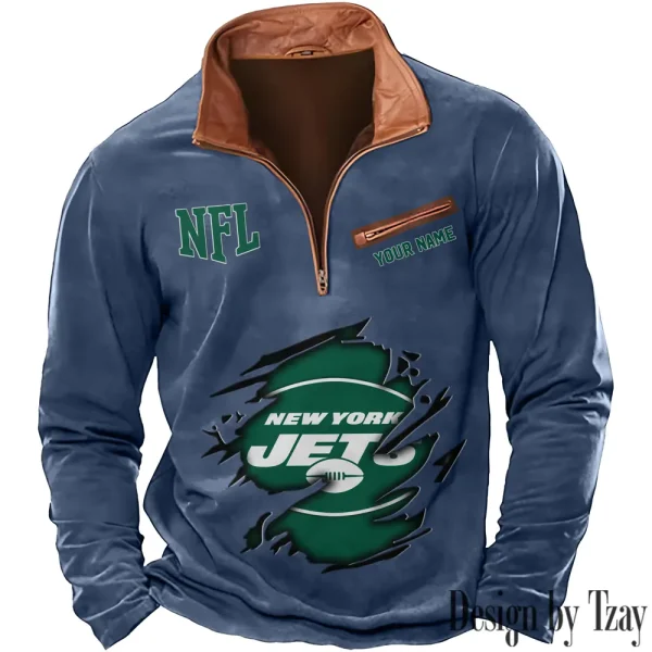 New York Jets New Polo Outdoor Casual Daily Streetwear Long Sleeve Turndown Zip SPTZSW025 - Image 3