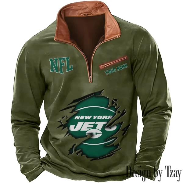 New York Jets New Polo Outdoor Casual Daily Streetwear Long Sleeve Turndown Zip SPTZSW025