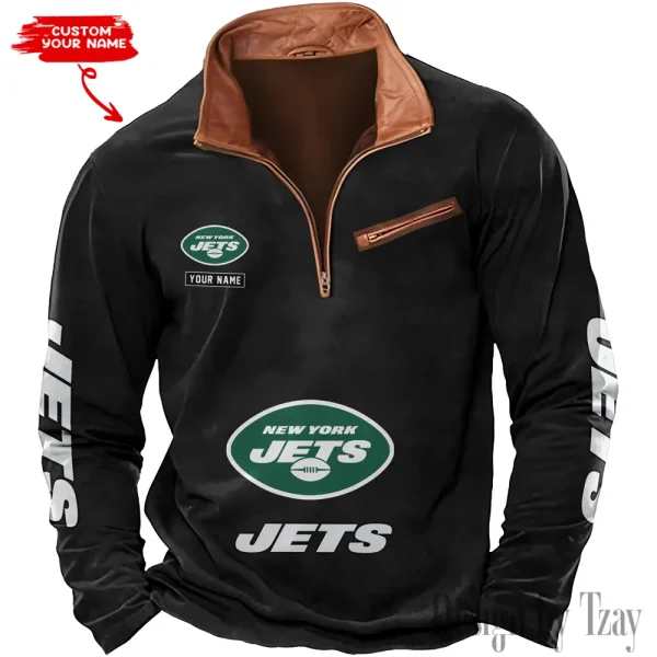 New York Jets New Polo Outdoor Casual Daily Streetwear Long Sleeve Turndown Zip SPTZSW057