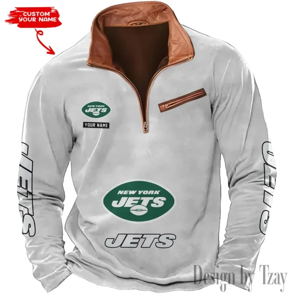 New York Jets New Polo Outdoor Casual Daily Streetwear Long Sleeve Turndown Zip SPTZSW057 - Image 2