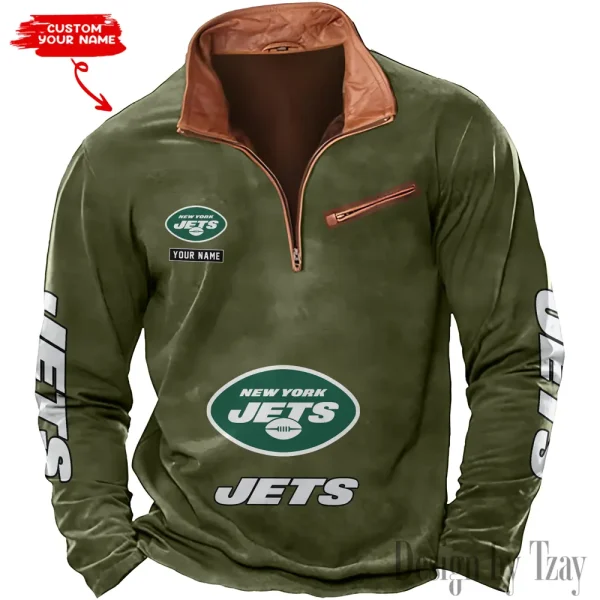New York Jets New Polo Outdoor Casual Daily Streetwear Long Sleeve Turndown Zip SPTZSW057 - Image 3