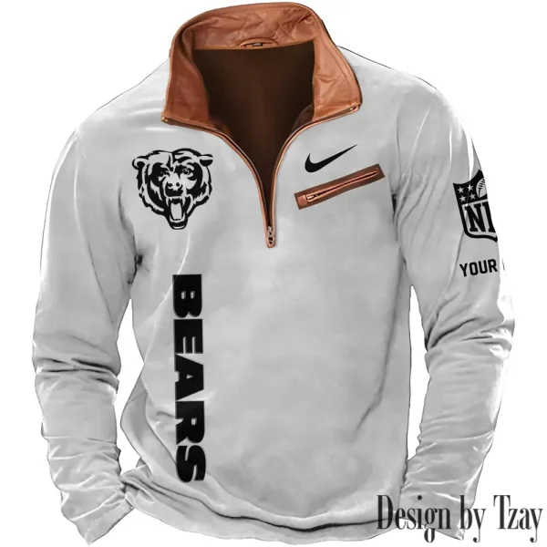 Chicago Bears New Polo Outdoor Casual Daily Streetwear Long Sleeve Turndown Zip SPTZSW070