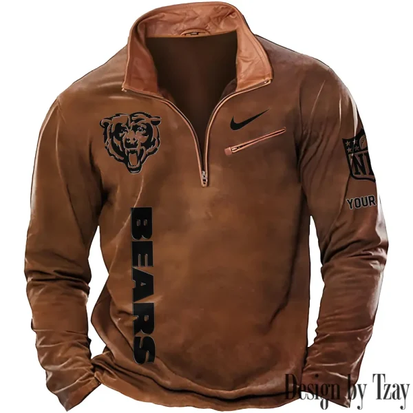 Chicago Bears New Polo Outdoor Casual Daily Streetwear Long Sleeve Turndown Zip SPTZSW070 - Image 6