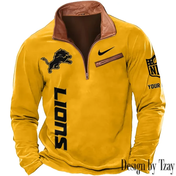 Detroit Lions New Polo Outdoor Casual Daily Streetwear Long Sleeve Turndown Zip SPTZSW075 - Image 3