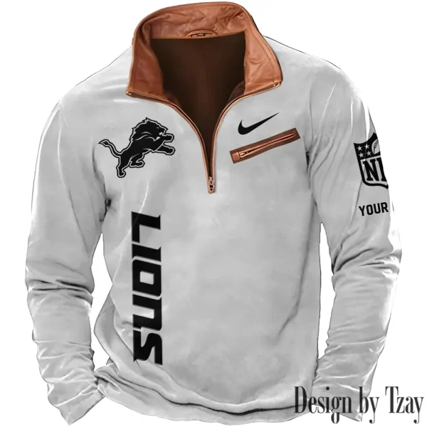 Detroit Lions New Polo Outdoor Casual Daily Streetwear Long Sleeve Turndown Zip SPTZSW075