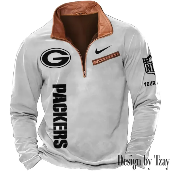Green Bay Packers New Polo Outdoor Casual Daily Streetwear Long Sleeve Turndown Zip SPTZSW076
