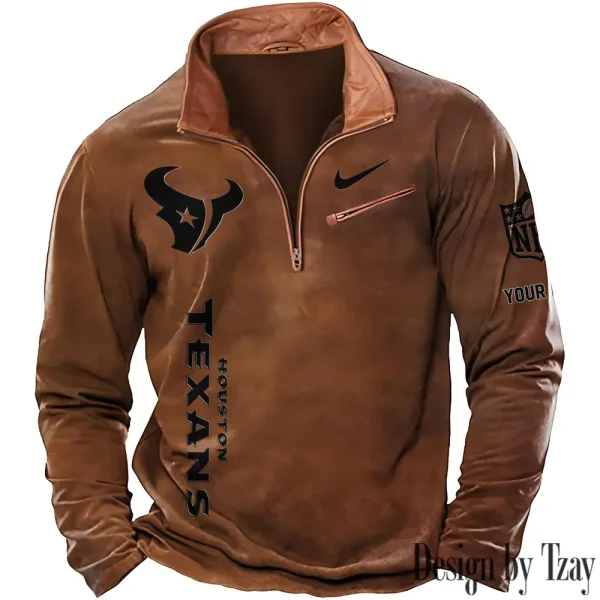 Houston Texans New Polo Outdoor Casual Daily Streetwear Long Sleeve Turndown Zip SPTZSW077