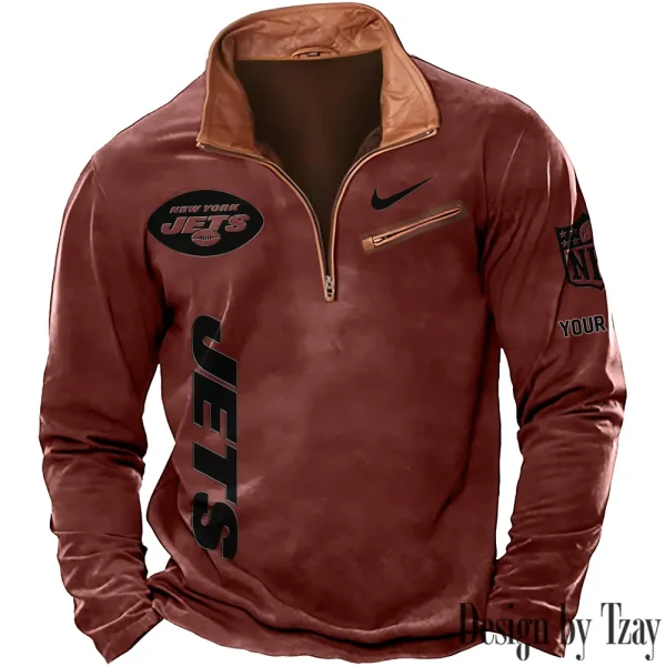 New York Jets New Polo Outdoor Casual Daily Streetwear Long Sleeve Turndown Zip SPTZSW089 - Image 3