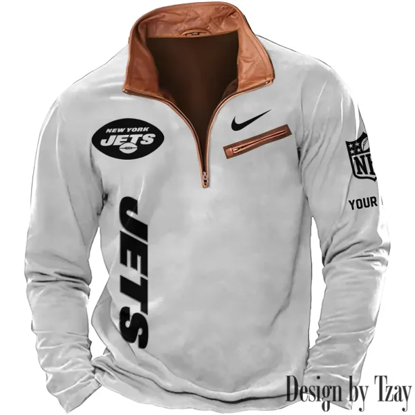 New York Jets New Polo Outdoor Casual Daily Streetwear Long Sleeve Turndown Zip SPTZSW089