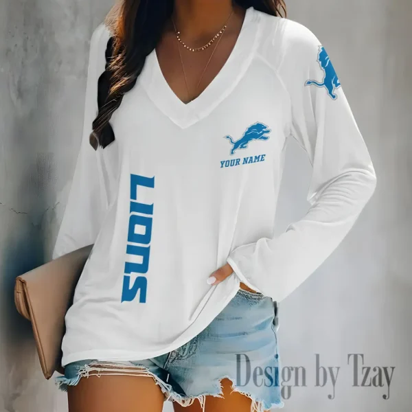 Detroit Lions Women's Long sleeves T-shirt V-neck Trending 2025 BGVPS308