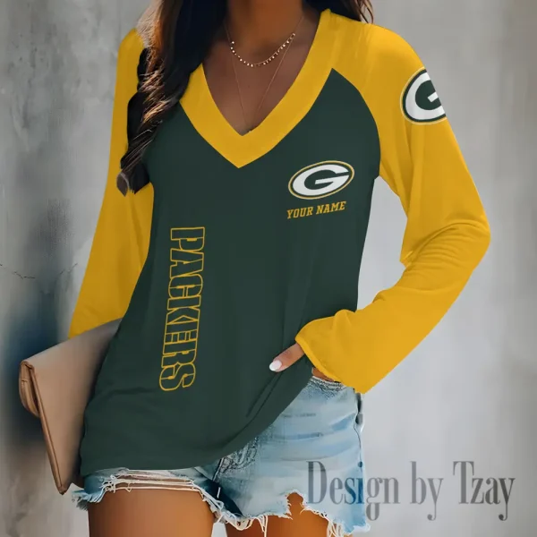 Green Bay Packers Women's Long sleeves T-shirt V-neck Trending 2025 BGVPS309 - Image 4