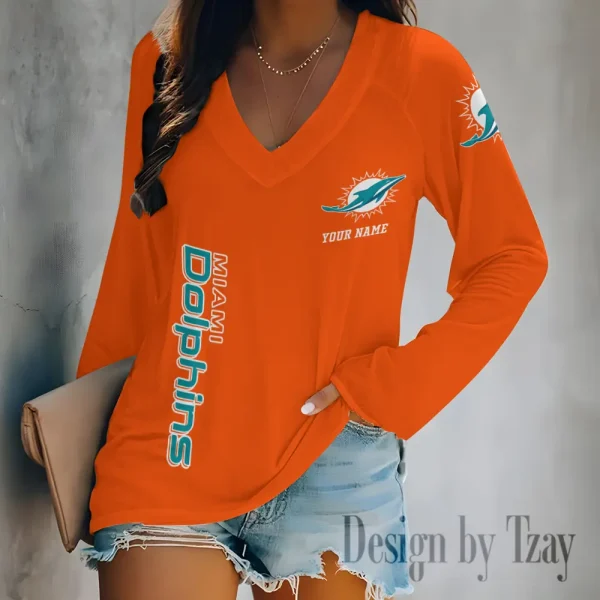Miami Dolphins Women's Long sleeves T-shirt V-neck Trending 2025 BGVPS317 - Image 5