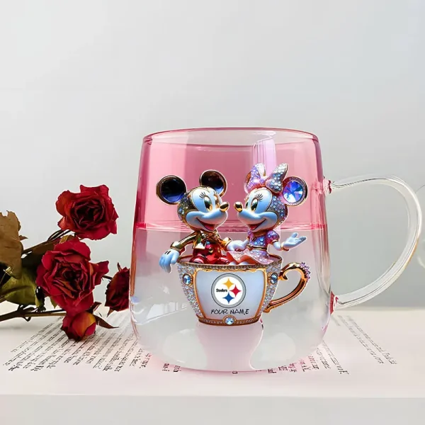 Pittsburgh Steelers Football Team US And Cartoon Mouse Couple Glass Mug Best Gift For Fan SPTCCTM042