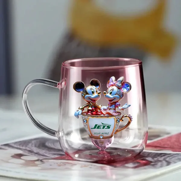 New York Jets Football Team US And Cartoon Mouse Couple Glass Mug Best Gift For Fan SPTCCTM056 - Image 2