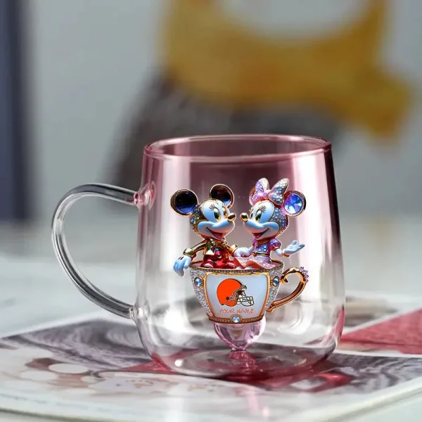 Cleveland Browns Football Team US And Cartoon Mouse Couple Glass Mug Best Gift For Fan SPTCCTM058 - Image 2