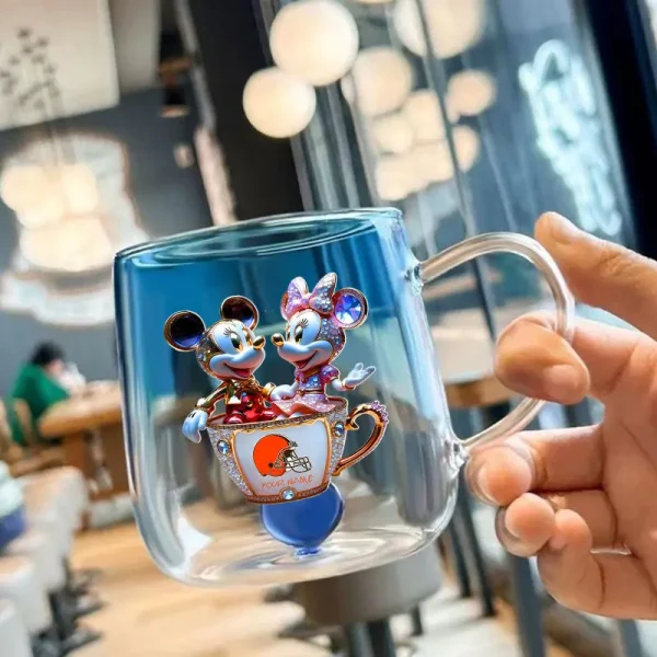 Cleveland Browns Football Team US And Cartoon Mouse Couple Glass Mug Best Gift For Fan SPTCCTM058 - Image 3