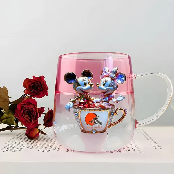 Cleveland Browns Football Team US And Cartoon Mouse Couple Glass Mug Best Gift For Fan SPTCCTM058