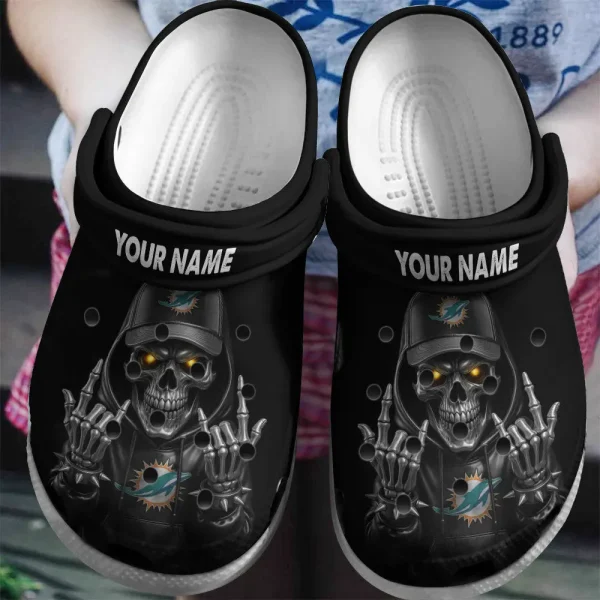 Miami Dolphins Football Team US Skull Art Clogs Shoes Custom Name Gift For Fan BGCR443