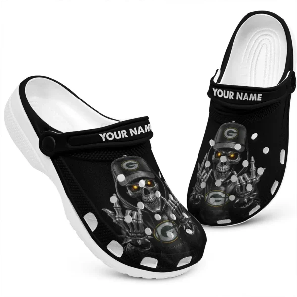 Green Bay Packers Football Team US Skull Art Clogs Shoes Custom Name Gift For Fan BGCR449 - Image 2