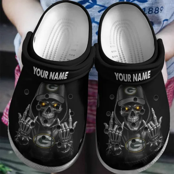 Green Bay Packers Football Team US Skull Art Clogs Shoes Custom Name Gift For Fan BGCR449