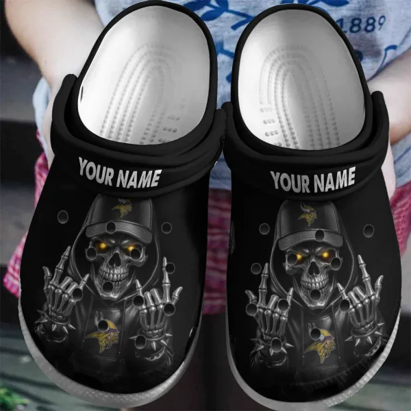 Minnesota Vikings Football Team US Skull Art Clogs Shoes Custom Name Gift For Fan BGCR451
