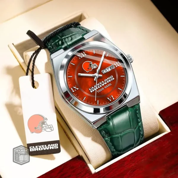 Cleveland Browns Stainless Steel Case With Leather Strap Watch PURWATD087 - Image 2