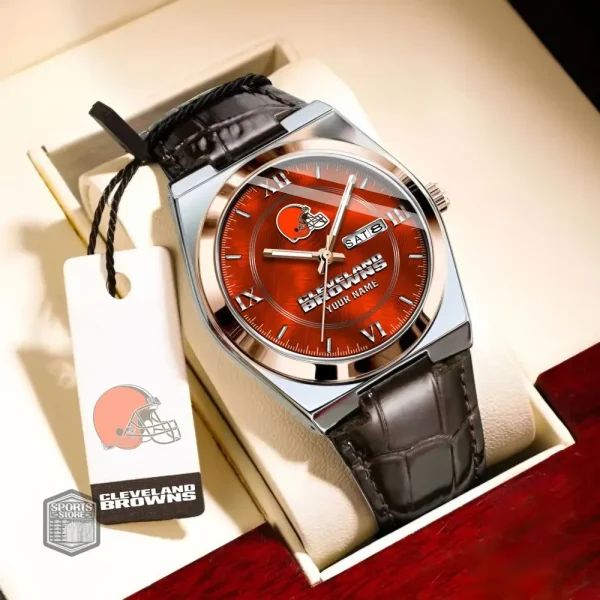 Cleveland Browns Stainless Steel Case With Leather Strap Watch PURWATD087 - Image 5