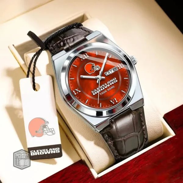Cleveland Browns Stainless Steel Case With Leather Strap Watch PURWATD087 - Image 9
