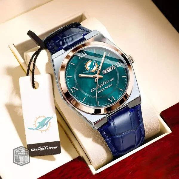 Miami Dolphins Stainless Steel Case With Leather Strap Watch PURWATD099