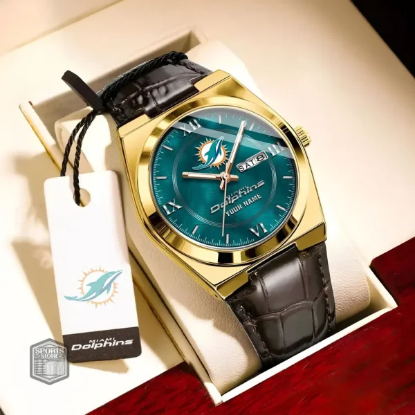 Miami Dolphins Stainless Steel Case With Leather Strap Watch PURWATD099 - Image 4