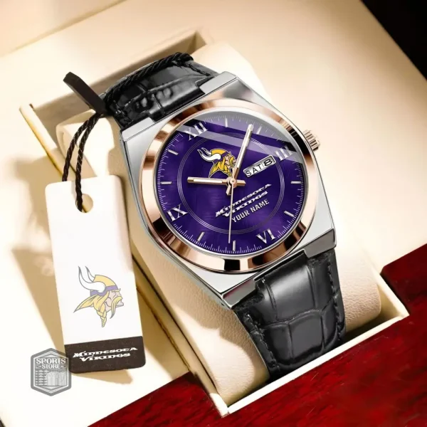 Minnesota Vikings Stainless Steel Case With Leather Strap Watch PURWATD100 - Image 2