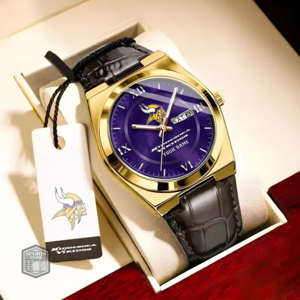 Minnesota Vikings Stainless Steel Case With Leather Strap Watch PURWATD100 - Image 6