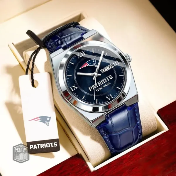 New England Patriots Stainless Steel Case With Leather Strap Watch PURWATD101