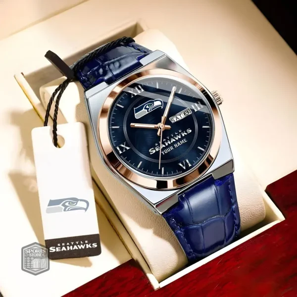 Seattle Seahawks Stainless Steel Case With Leather Strap Watch PURWATD108 - Image 2