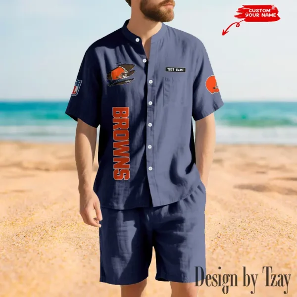 Cleveland Browns Breathable Summer Linen Shirt And Shorts Men's Two-Piece Set SPTBSLSSMTPS008 - Image 2