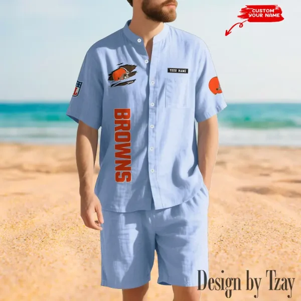 Cleveland Browns Breathable Summer Linen Shirt And Shorts Men's Two-Piece Set SPTBSLSSMTPS008 - Image 3