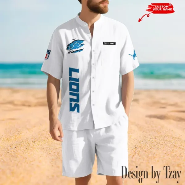 Detroit Lions Breathable Summer Linen Shirt And Shorts Men's Two-Piece Set SPTBSLSSMTPS011 - Image 2