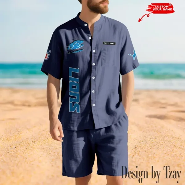 Detroit Lions Breathable Summer Linen Shirt And Shorts Men's Two-Piece Set SPTBSLSSMTPS011 - Image 3
