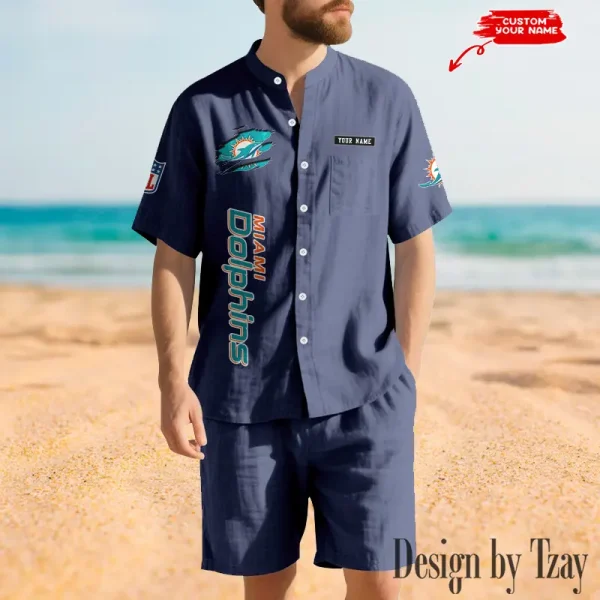 Miami Dolphins Breathable Summer Linen Shirt And Shorts Men's Two-Piece Set SPTBSLSSMTPS020